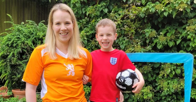 Emily Knight with her son Edwyn, six, before the Netherlands face England in Euro 2024