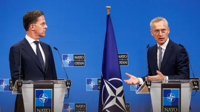 Mark Rutte and NATO Secretary General Jens Stoltenberg speak during a press conference about funds, weapons systems and ammunition for the war in Ukraine back in April