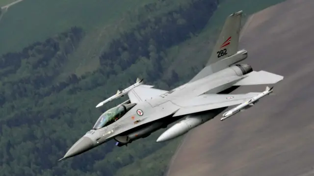 A Norwegian Air Force F-16 fighter during a flight