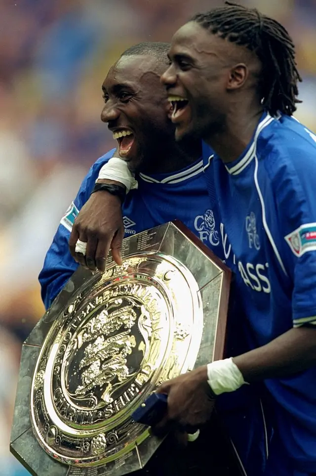 Jimmy Floyd Hasselbaink and Mario Melchiot with the FA Community Shield while playing for Chelsea