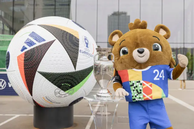 Euro 2024 mascot, ball and trophy outside the German Football Museum in Dortmund