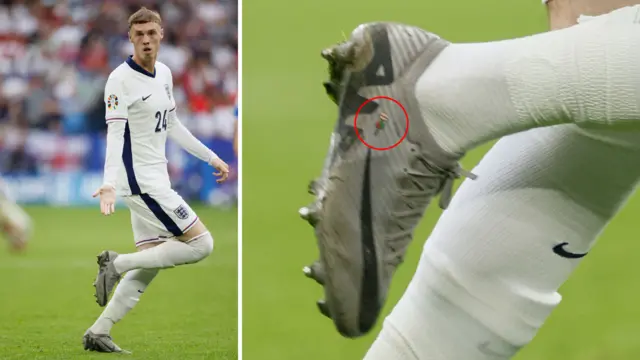 Cole Palmer on the pitch in his England kit with a zoomed in shot of the two flags on his boots