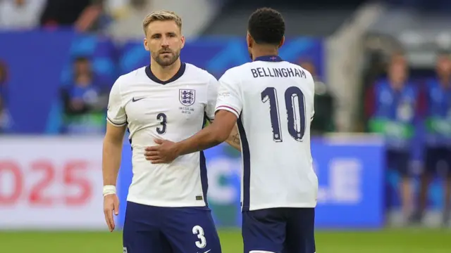 Luke Shaw of England and Jude Bellingham of England during the UEFA EURO 2024 quarter-final match between England and Switzerland at Düsseldorf Arena on July 6, 2024 in Dusseldorf, Germany.