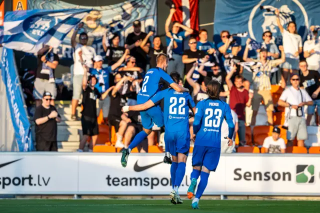 RFS’s Balodis celebrates scoring the 2nd goal against Larne