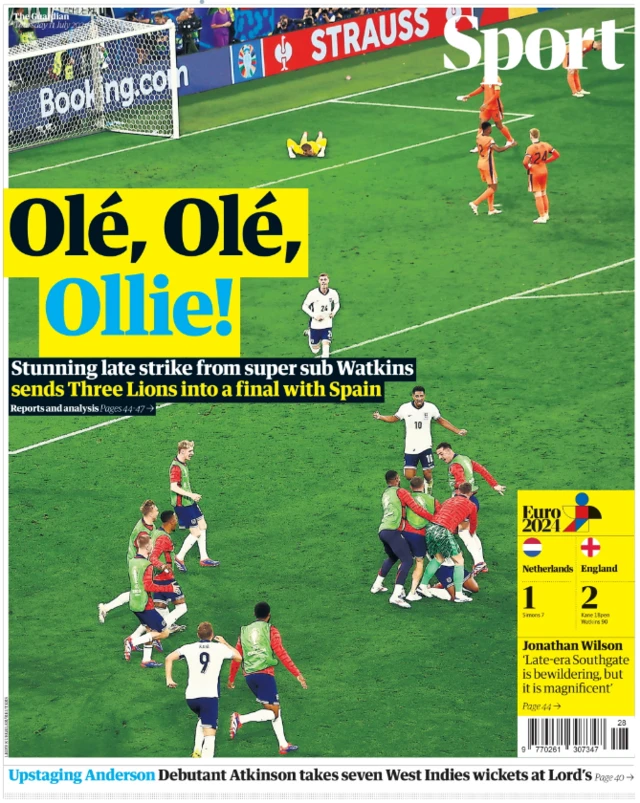 Lead page of the Guardian sport section on 11 July 2024