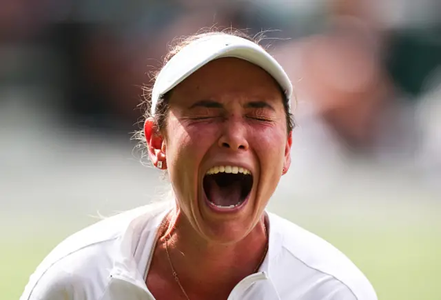 Donna Vekic of Croatia reacts as she plays against Jasmine Paolini