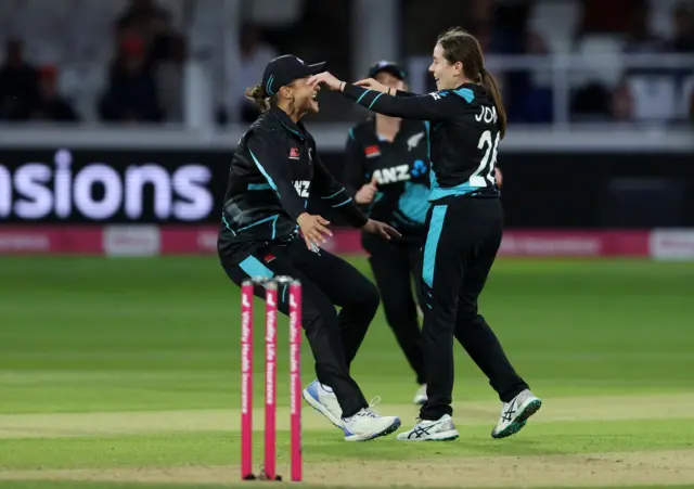 Fran Jonas of New Zealand celebrates taking the wicket of Natalie Sciver-Brunt of England (not in picture) lbw during the 3rd Women's Vitality IT20 between England and New Zealand at the Spitfire Ground