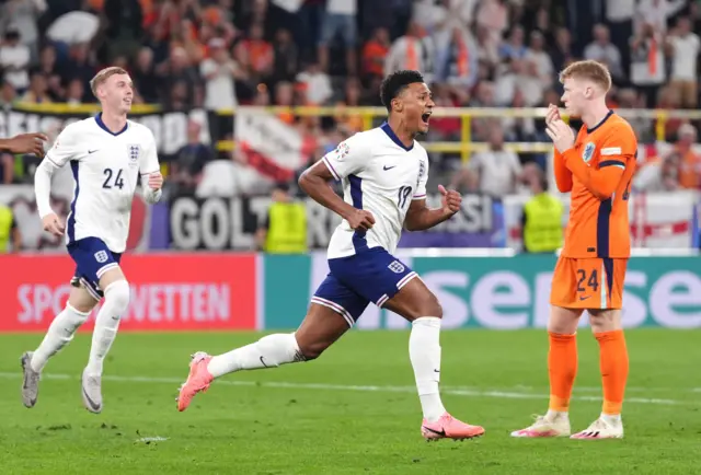 Ollie Watkins celebrates scoring for England against the Netherlands at Euro 2024