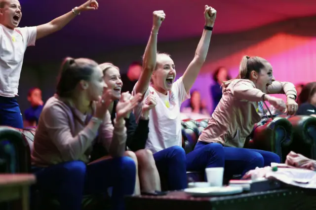 England's Lionesses watch the men's team against the Netherlands at Euro 2024