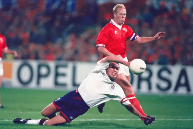 Ronald Koeman of the Netherlands challenges England's David Platt during a World Cup qualifier in 1993