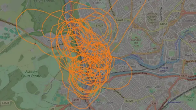 The search helicopter's flight path above the area in Bristol and North Somerset