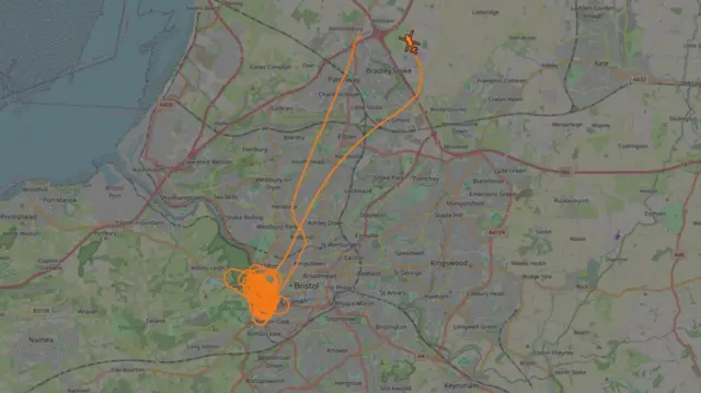 The search helicopter's flight path from South Gloucestershire to Bristol