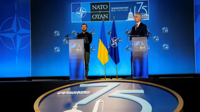 Ukraine's President Volodymyr Zelenskiy and NATO Secretary General Jens Stoltenberg attend a press conference