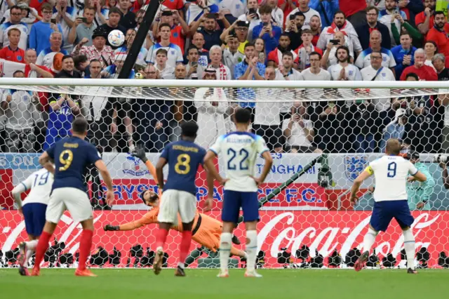 England's Harry Kane misses a penalty against France in the 2022 World Cup