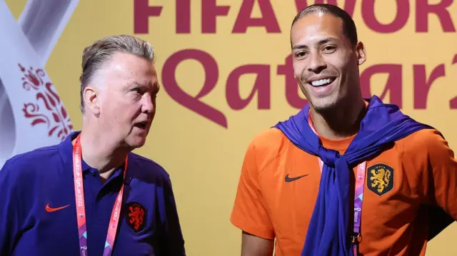 Netherlands coach Louis van Gaal with captain Virgil van Dijk at the 2022 World Cup