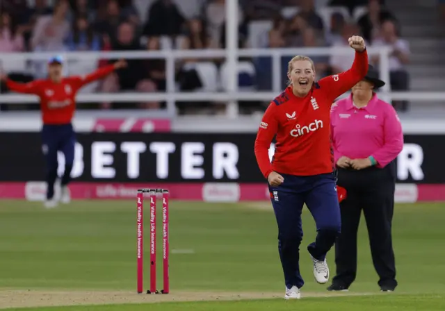 England's Sophie Ecclestone celebrates after taking the wicket of New Zealand's Amelia Kerr