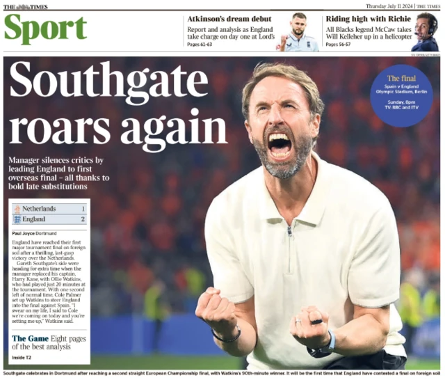 Lead sport page of the Times on 11 July 2024