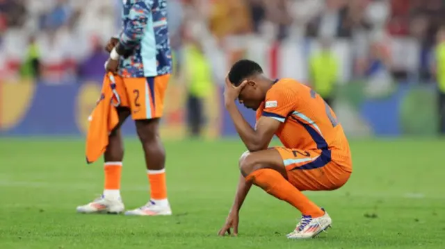 Denzel Dumfries looking disappointed after the Netherlands' defeat by England at Euro 2024