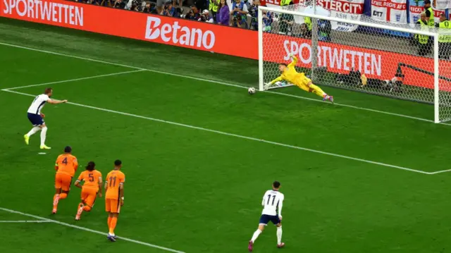 England's Harry Kane scores a penalty against the Netherlands at Euro 2024