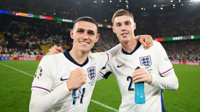 Phil Foden and Cole Palmer smiling after England's Euro 2024 win over the Netherlands