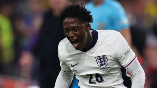 Kobbie Mainoo celebrates during England's Euro 2024 win over the Netherlands