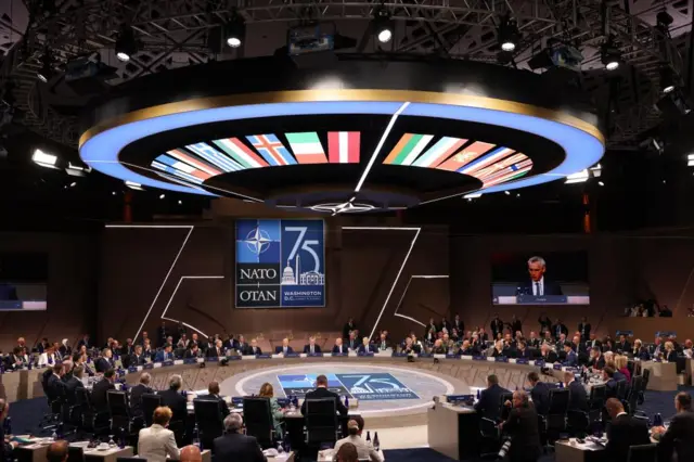 Leaders attend a working session during the NATO Summit in Washington, DC, USA, 10 July 2024