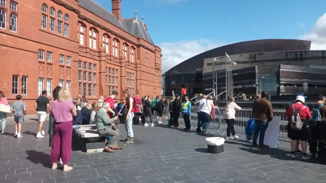 A small crowd of around 30 people gathered outside the Senedd in Cardiff Bay. Some are standing at the barriers while others are sitting. .