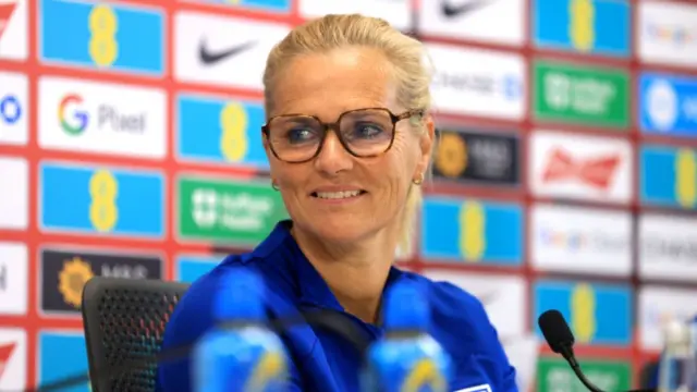 England women's coach Sarina Wiegman speaking at a news conference