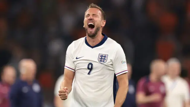 Harry Kane of England celebrates their 2-1 victory and passage to the Euro 2024 final following the final whistle of their semi-final against the Netherlands