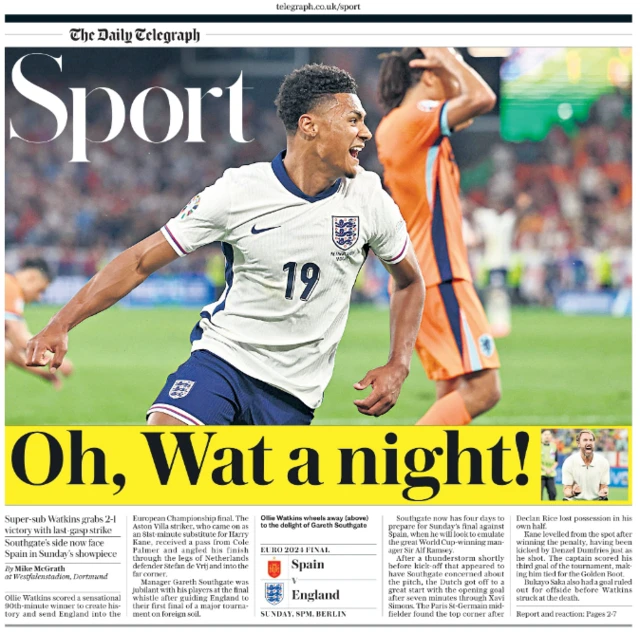 Lead page of the Daily Telegraph sport section on 11 July 2024