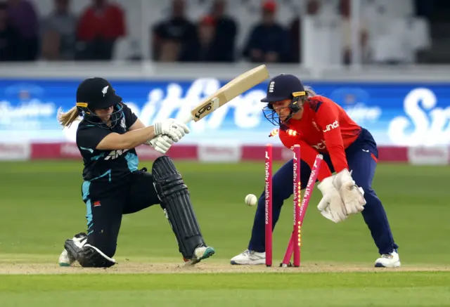 England Women's Sophie Ecclestone bowls New Zealand Women's Leigh Kasperek during the third T20 International at The Spitfire Ground, St Lawrence