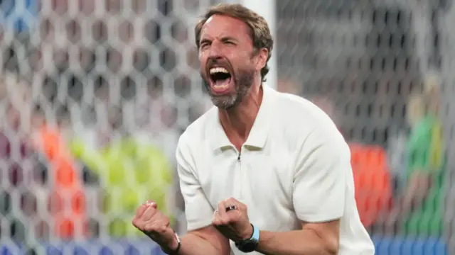 England head coach Gareth Southgate celebrates victory over the Netherlands at Euro 2024