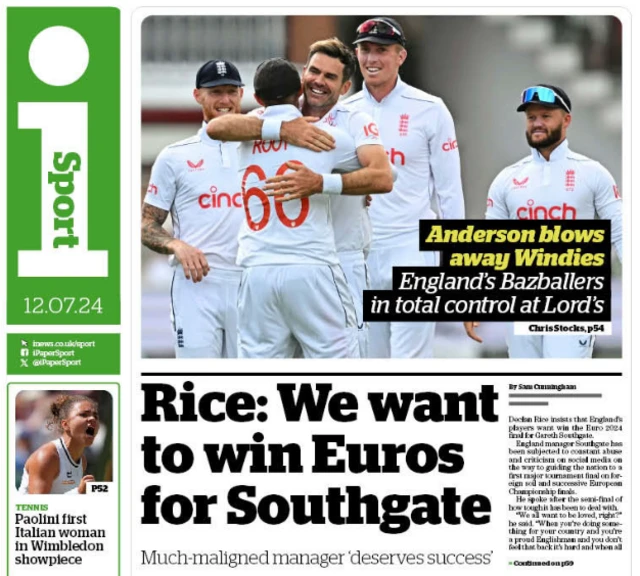 Back page of i sport on 12 July 2024