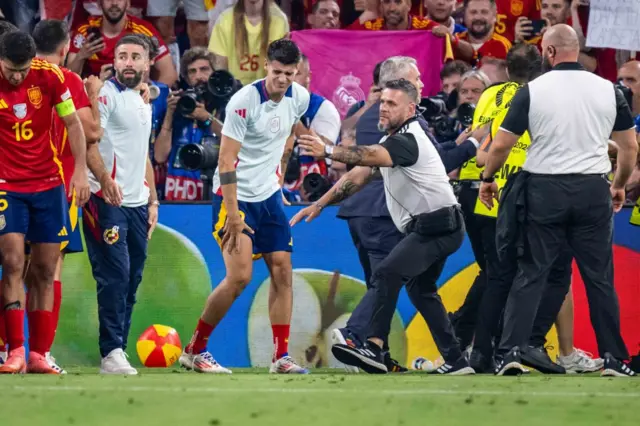 Alvaro Morata of Spain is injured after the UEFA EURO 2024 semi-final match between Spain v France at Munich Football Arena on July 9, 2024 in Munich, Germany.