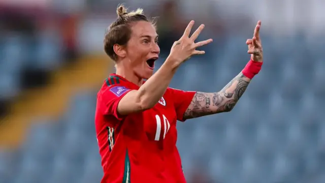 Jess Fishlock celebrates her 44th goal for Wales