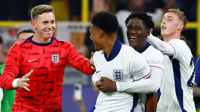 England players celebrate after beating the Netherlands at Euro 2024