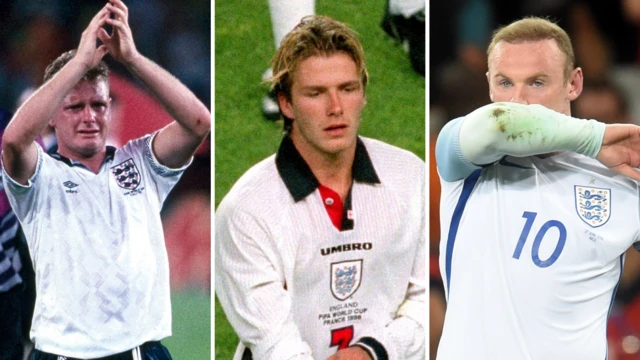 Paul Gascoigne (left), David Beckham (centre) and Wayne Rooney (right) playing for England