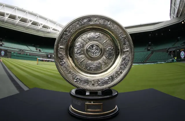 the Venus Rosewater Dish on a table at the side of Centre Court, Wimbledon