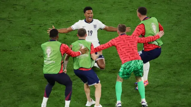 Ollie Watkins of England celebrates scoring his team's second goal with teammates during the UEFA EURO 2024 semi-final match between Netherlands and England at Football Stadium Dortmund on July 10, 2024 in Dortmund, Germany.