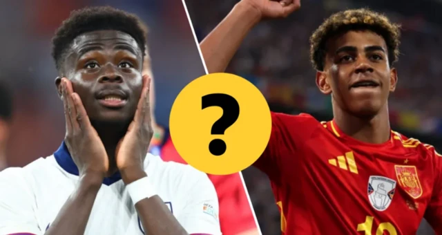 Split image featuring Bukayo Saka, Lamine Yamal and a question mark graphic