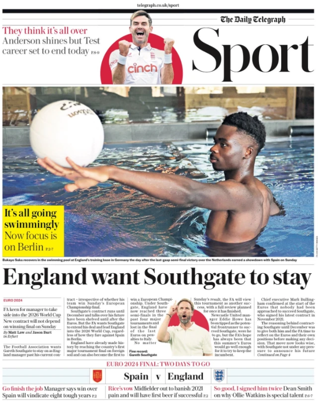 Lead sport page of the Daily Telegraph on 12 July 2024