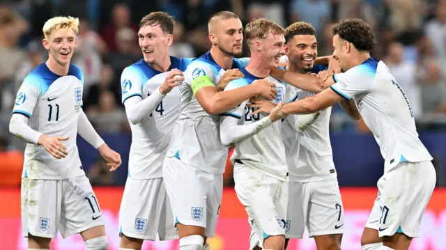 England players celebrate during the Under-21 European Championship final in 2023