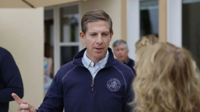 Representative Mike Levin, a Democrat who represents California's 49th Congressional District, which includes North County San Diego and South Orange County, speaks with constituents at a supporter's "house party" in Encinitas Saturday, June 1, 2024.