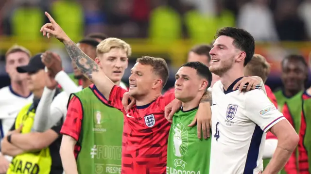 Kieran Trippier, Phil Foden and Declan Rice smile after England's Euro 2024 win over the Netherlands