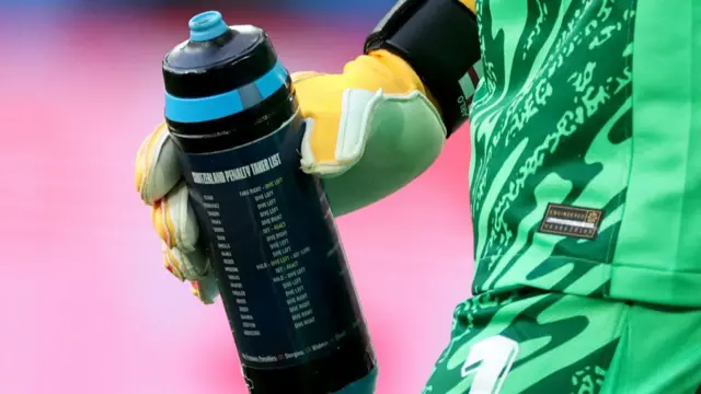 Jordan Pickford's water bottle, with directions for Switzerland's penalty takers in the Euro 2024 quarter-finals