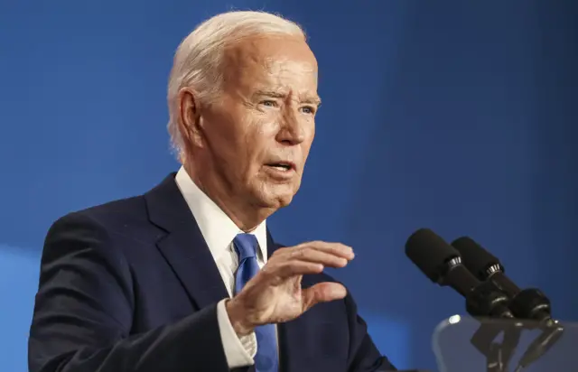 US President Joe Biden speaks during a press conference.