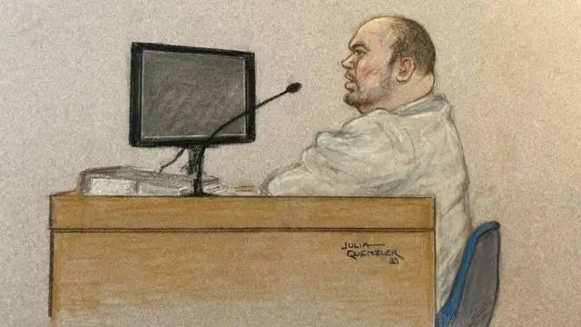 Gavin Plumb in an illustration sits in a courtroom in a grey shirt