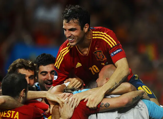 Cesc Fabregas celebrates winning Euro 2012 with Spain