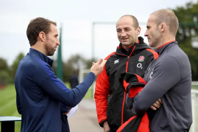 England manager Gareth Southgate with England rugby union coaches Steve Borthwick and Paul Gustard