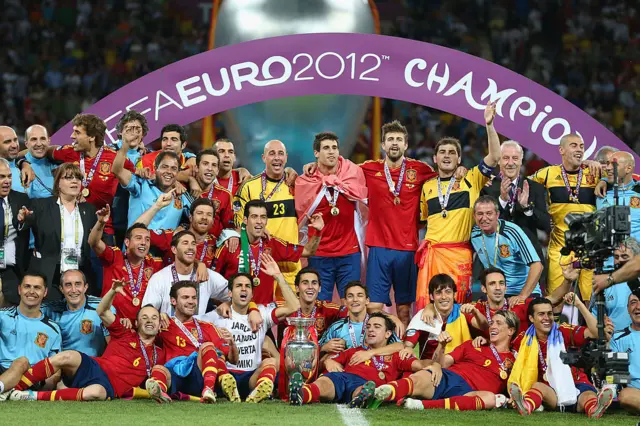 Spanish team celebrate with the trophy following the UEFA EURO 2012 final match between Spain and Italy at the Olympic Stadium on July 1, 2012 in Kiev, Ukraine.